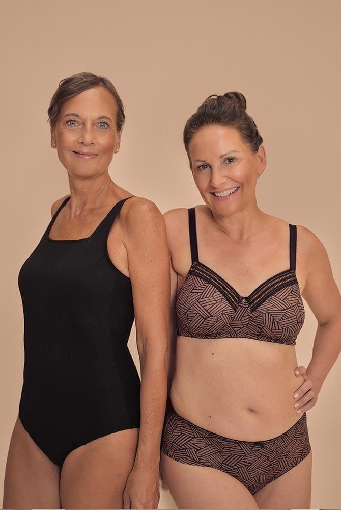 Amoena Prothesen-BH Brooke SBP 45127 schwarz/café mit Slip neben Prothesen-Badeanzug Treviso (separat erhältlich)