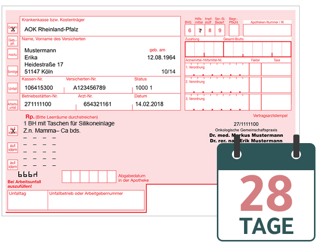 Vorderseite eines Rezeptes mit einem Kalender-Symbol und der Aufschrift "28 Tage"