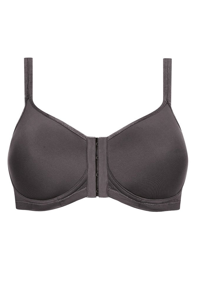 Amoena Prothesen-BH Mara 44742 mit Vorderverschluss in dunkel grau in der Vorderansicht