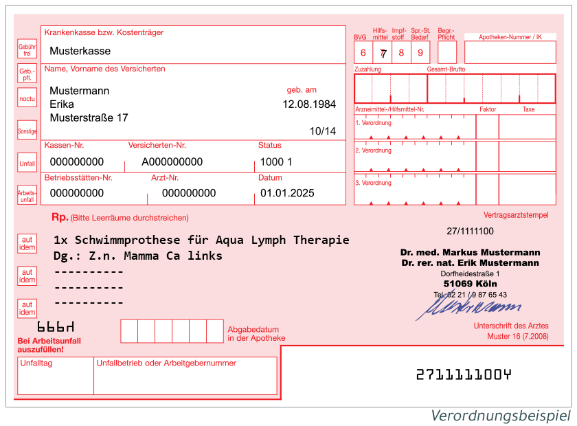 Beispielhaftes Rezept für die Verordnung einer Schwimmprothese zur Aqua Lymph Therapie